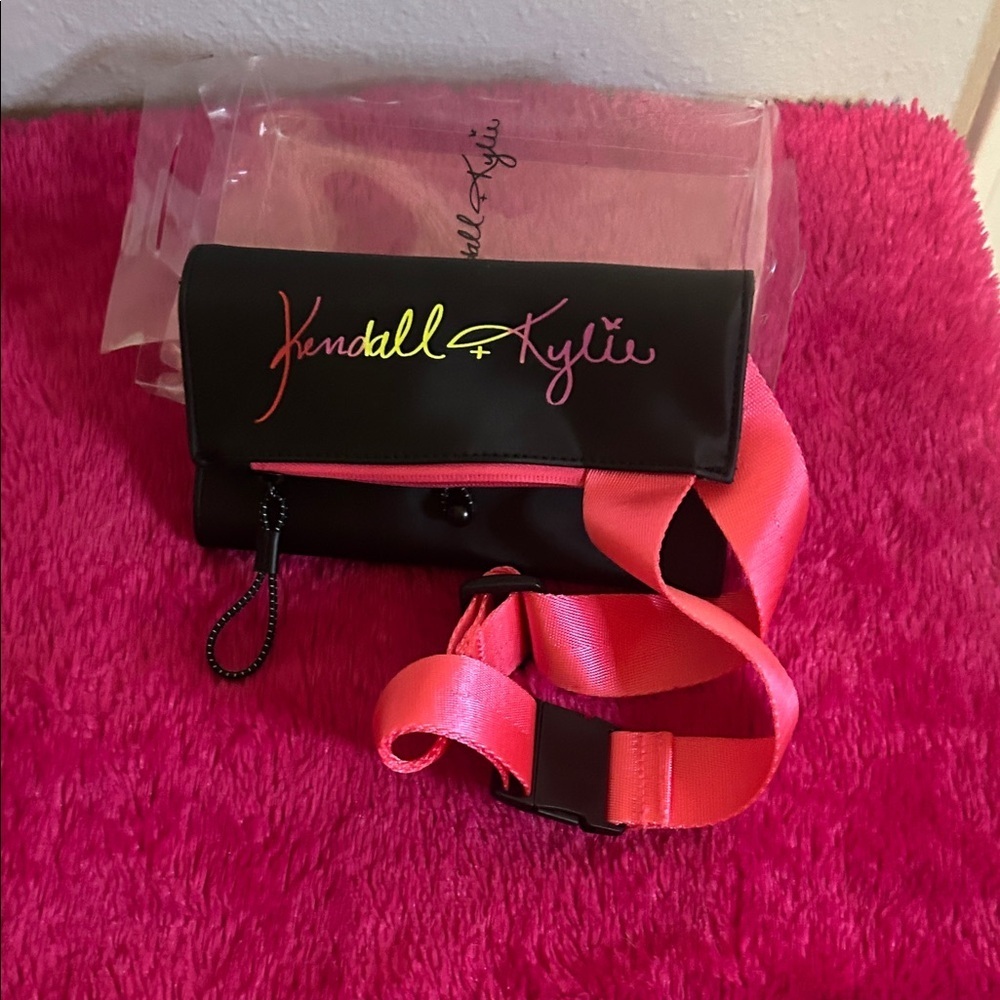 Kendall & Kylie Black Bag with Pink Strap and Neon Script Makeup Carrier